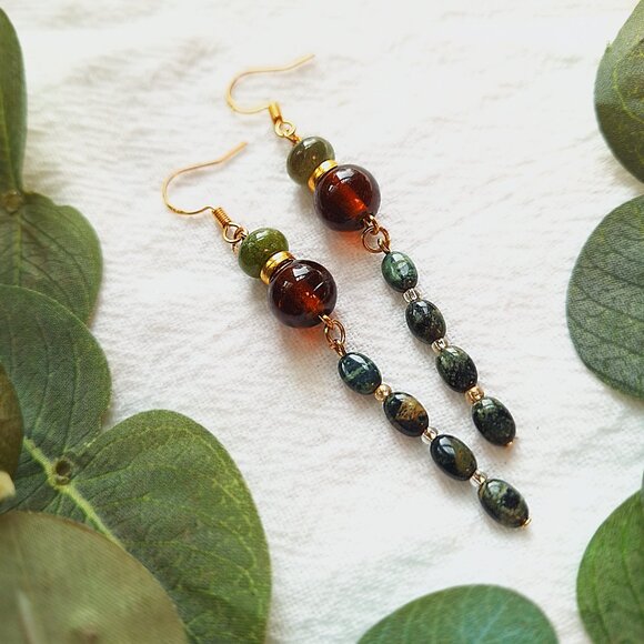 Kambaba Jasper & Tourmaline Earrings – Boho Witchy Dangle Earrings, Whimsigoth - Picture 3 of 9
